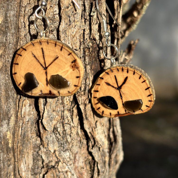  Pendientes de Protección de Madera de Olivo con Obsidianas