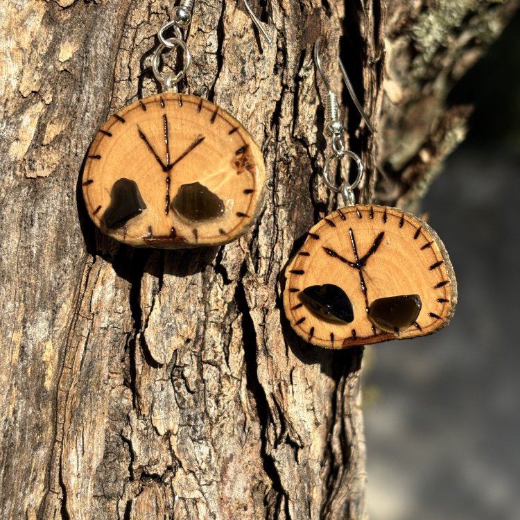  Pendientes de Protección de Madera de Olivo con Obsidianas