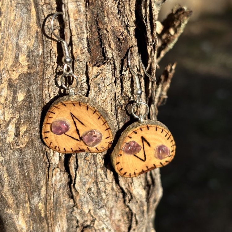  Pendientes de Protección de Madera de Olivo con Amatistas