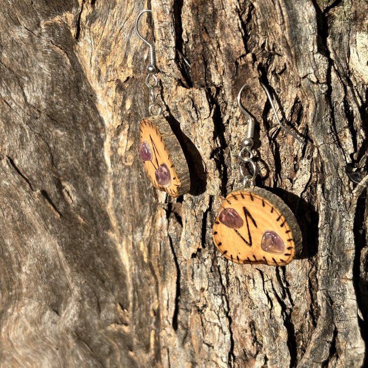  Pendientes de Protección de Madera de Olivo con Amatistas