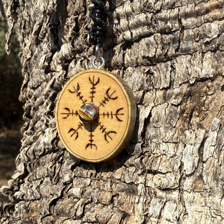  Ciondolo Aegishjalmur in Ulivo con Occhio di Tigre